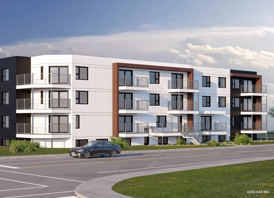 Perspective 3D extérieure extérieur d'un projet immobilier locatif imagé en trois dimensions.