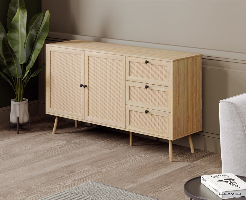 Rendu 3D de meuble buffet ou image rendue en 3D d'un meuble buffet imagé en 3D.