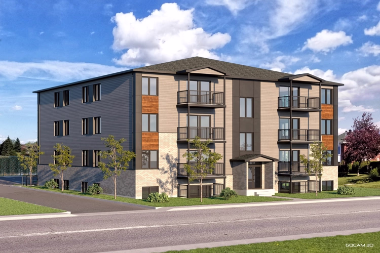 Rendu 3D réaliste extérieur d'un immeuble 16 logements imagé en trois dimensions.