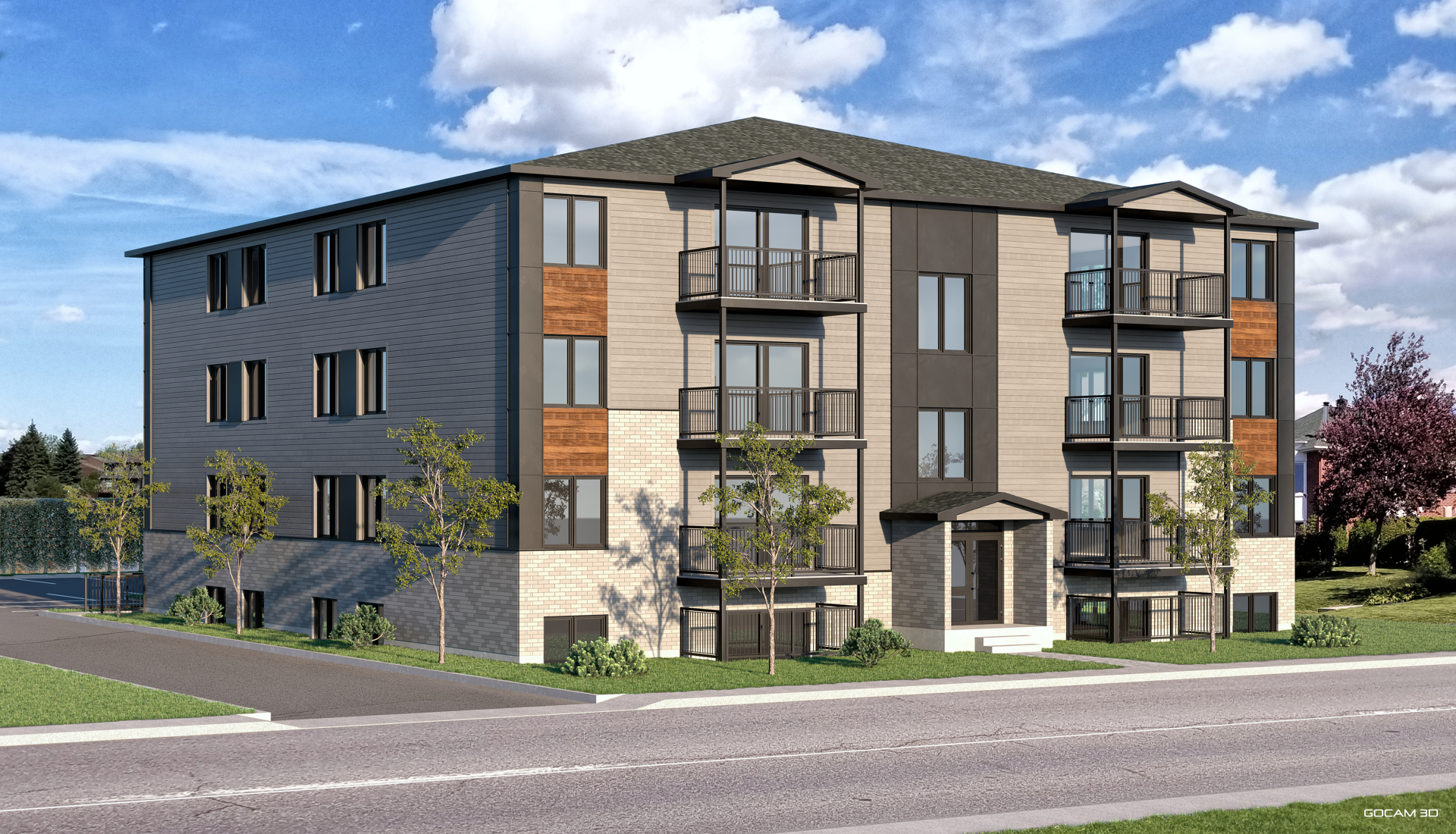 3D perspective of a 16-unit multi-unit building for PIIA approval in Quebec - GOCAM 3D
