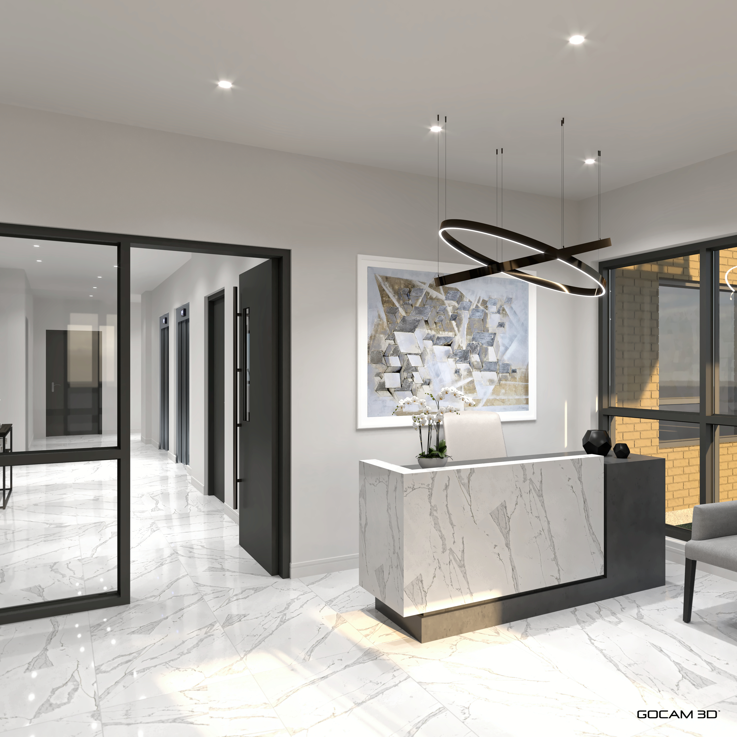 Perspective 3D de lobby pour la mise en marché de tours résidentielles - GOCAM 3D