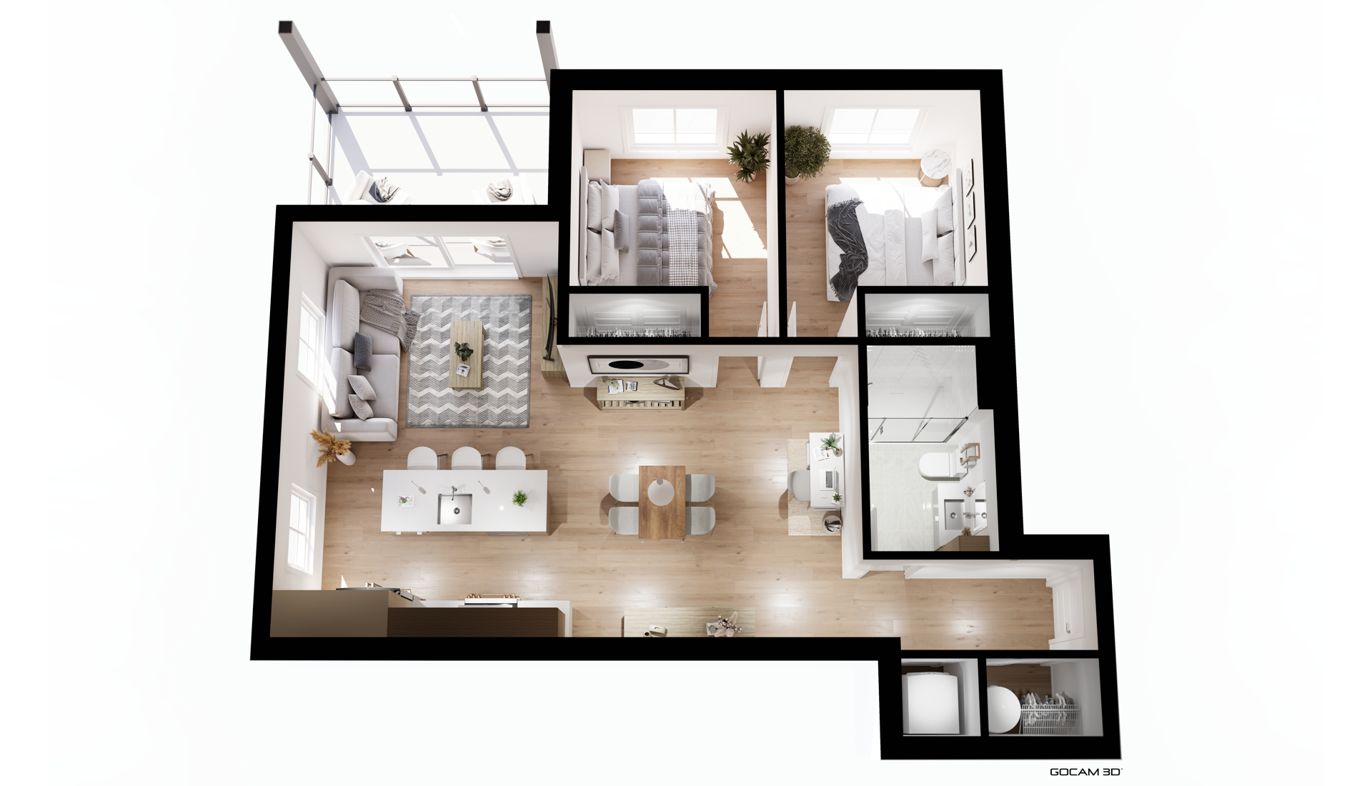 Plan 3D intérieur d'appartement 4 ½ (quatre et une demi) pour faire de la location d'appartement en ligne avant construction - GOCAM 3D