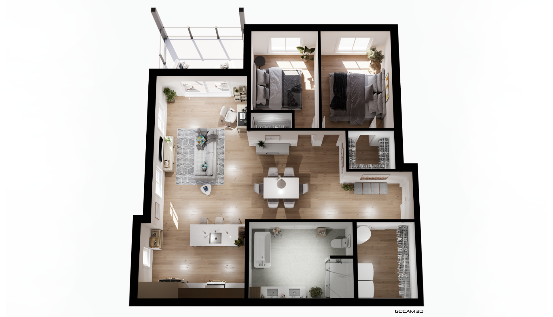 Plan 3D intérieur de condominium 4 ½ (quatre et une demi) pour mise en marché en ligne - GOCAM 3D