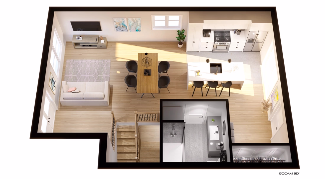 Plan 3D ou vue à vol d'oiseau en 3D démontrant l'intérieur d'un condominium imagé en trois dimensions.