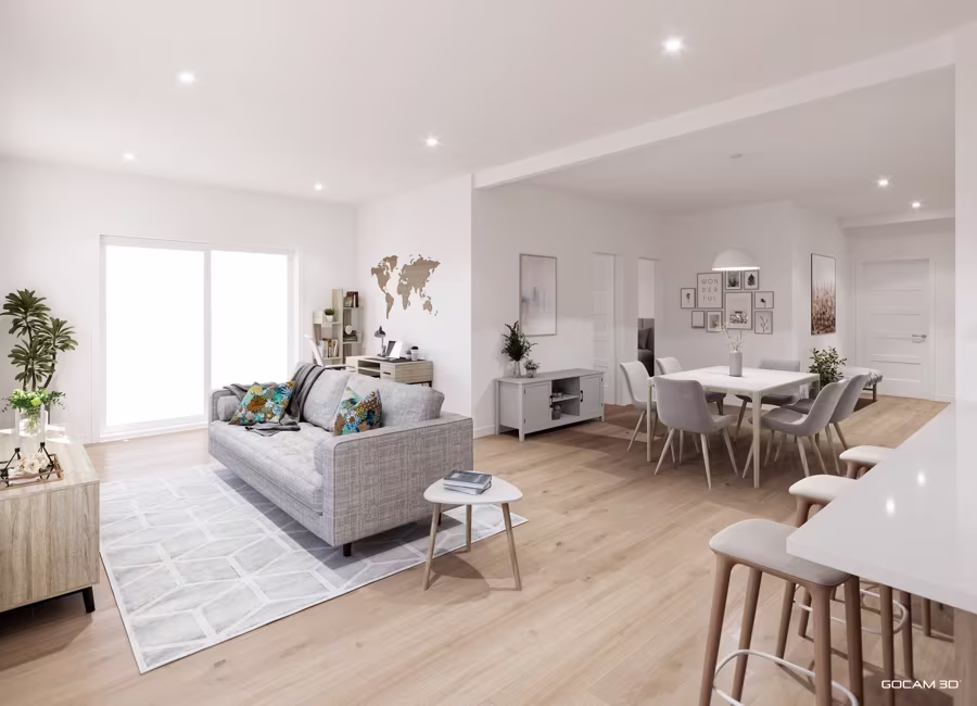 Perspective 3D extérieure extérieur d'un projet immobilier locatif imagé en trois dimensions.