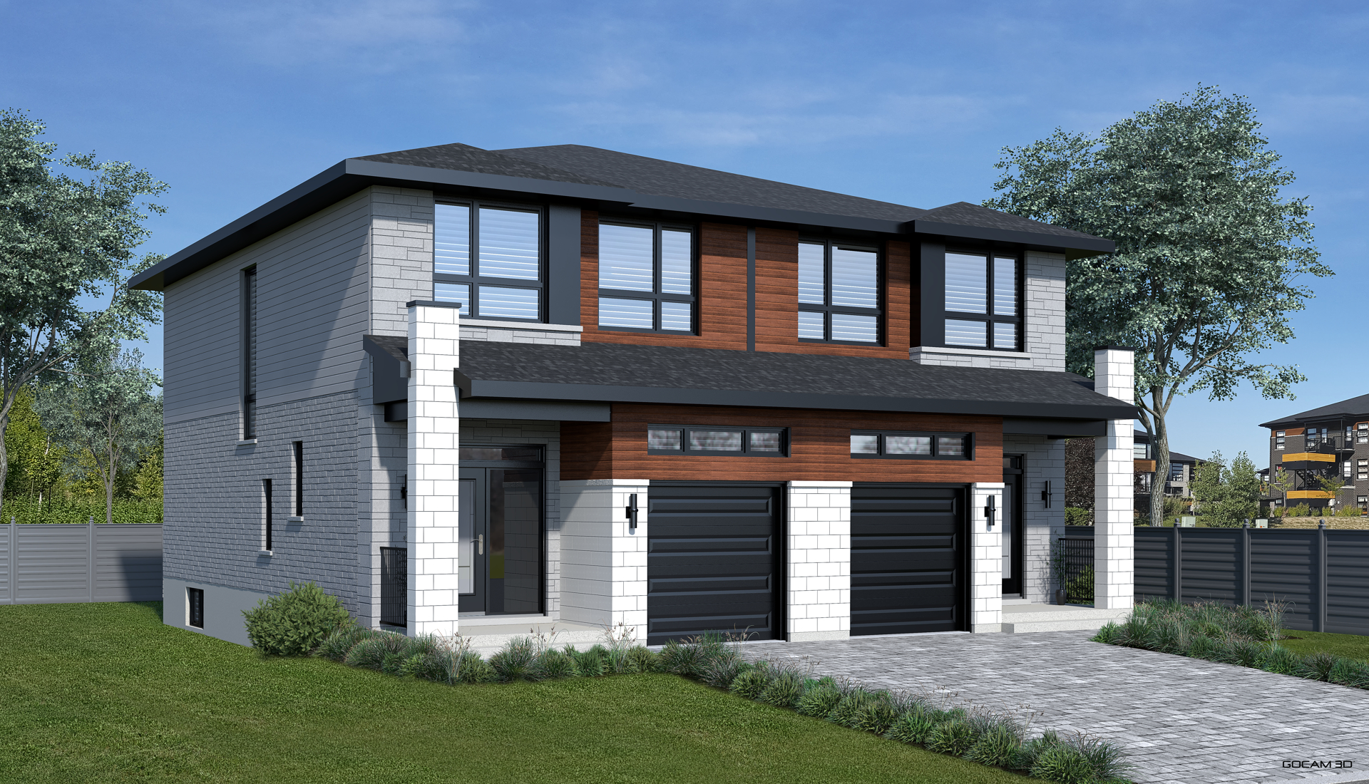 3D facade rendering of a duplex for minor variance or permit application - GOCAM 3D