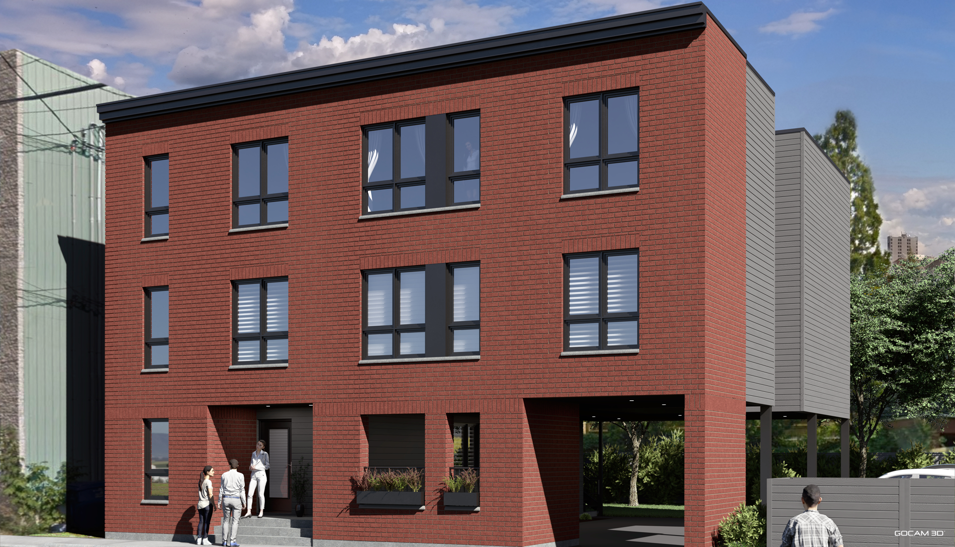 Architectural 3D visualization of a modern triplex in an urban environment for building permits - GOCAM 3D
