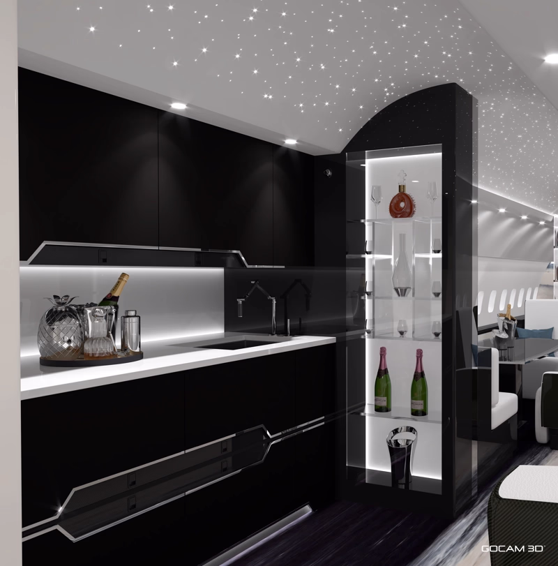 Rendu 3D réaliste de l'intérieur d'un avion imagé en trois dimensions.