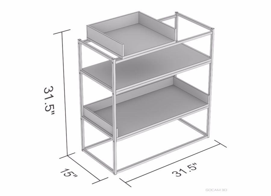 Rendu 3D technique avec dimensions d'une table console imagée en trois dimensions.
